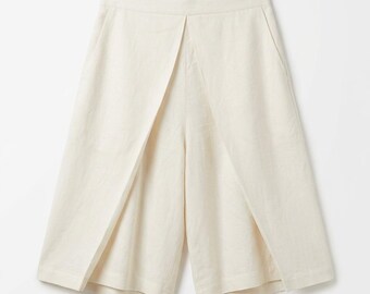 Weiße Leinen-Bermudashorts im Küstenstil, weite Hosenbeine, Leinenhosen für Damen