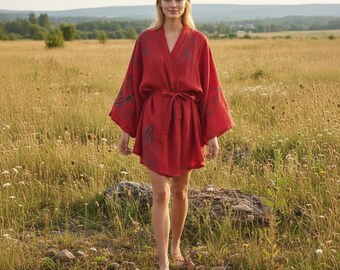 Röd linnekimono, bohemisk tunika, loungekläder