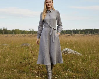 Grijze linnen midi-jurk, jurk met kraag met lange mouwen, vintagestijl
