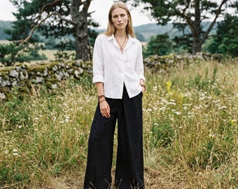 Svarta linnebyxor med vida ben, blandade byxor, kläder med avslappnad passform, luftiga culottes, vardagsbyxor för kvinnor