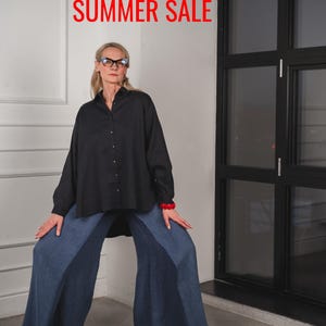 Blue wide-leg linen pants, denim-inspired color linen trousers for women, Lounge outfit, Relaxed fit pants, Coastal trousers, Swing culottes