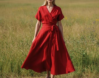Red linen wrap dress, Linen gown, Vocation outfit, Vintage style, Boho look
