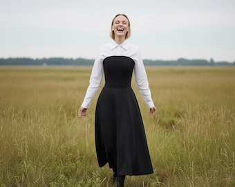 Women's Black Linen Corset Dress, Fit and Flare Pinafore Dress, Cottagecore Clothing, Dark Academia Fashion, Vintage Inspired Style