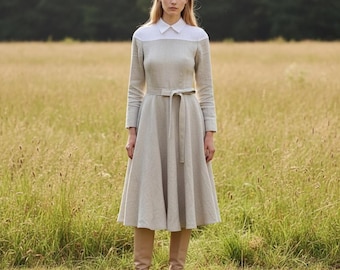 Damklänning med lång ärm i linne, linneklänning med kontrastkrage, linneklänning med fickor, minimalistiska kläder, elegant och avslappnad outfit