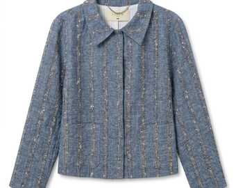 Blå linnejacka för kvinnor, randig linnejacka, vintagejacka med krage, lätt vår- och sommarjacka, vardagliga linneytterkläder