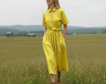 Yellow Linen Midi Dress, Boho A-Line, Summer Gown with Pockets
