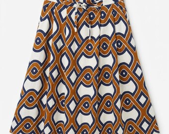 Linnekjol med midikjol för kvinnor, bohemisk A-linjeformad hög midja, geometriskt tryck, sommarkläder, vintageinspirerad look, modern linneoutfit