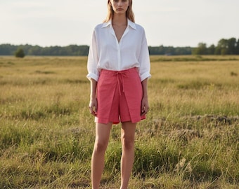 High-Waisted Pink Linen Shorts, Bow Tie, Relaxed Fit