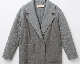 Ull-linnejacka, grå ullkappa för kvinnor, quiltad jacka med ärmar, kavaj i linneblandning, varma minimalistiska ytterkläder, handgjord jacka