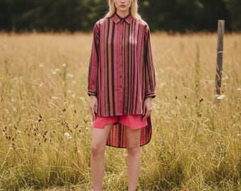 Striped Linen Kimono Shirt, Women's Boho Blouse, Relaxed Fit Summer Top, Pink and Brown Stripes Shirt for Women