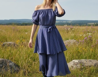 Blue Linen Off-Shoulder Dress, Gown with pockets, Party dress, Picnic outfit, Elegant boho look