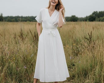 White Linen Wrap Dress, Boho Style, Natural Fabric, With Pockets