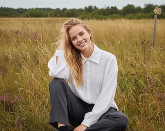 Oversized White Linen Shirt, Relaxed Fit Blouse, Sustainable Fashion
