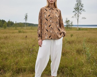 Blommig linnekimonoskjorta, universelltopp, avslappnad loungewear, blus för kvinnor, linnekläder, höstlinnekläder för kvinnor