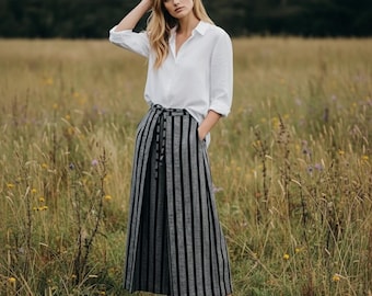 Striped Wide Leg Linen Pants, Silk Blend Trousers, Relaxed Fit Clothing, Airy Culottes, Casual Trousers for Women