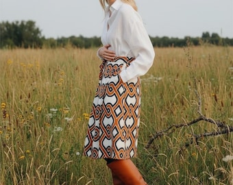 Women's Linen Midi Skirt, A-Line Pleated Skirt, Geometric Print, Pockets, Casual Summer Outfit, Minimalist Clothing