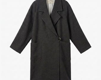 Linnekappa för kvinnor, lång linnejacka, skräddarsydd dusterkappa, minimalistiska ytterkläder, svart överrock, knappar framtill, stora fickor