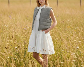 Women's Linen Quilted Vest, Neutral Waistcoat, Scandinavian Style Layering Piece, Minimalist Linen Clothing, Handmade Vest