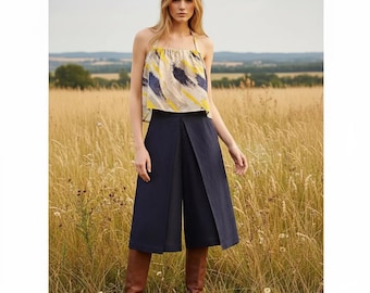 Blue Linen Bermuda Shorts, Women's High-Waisted Capri Pants
