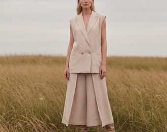 Linen Sleeveless Blazer Vest – Double-Breasted Waistcoat with Pockets