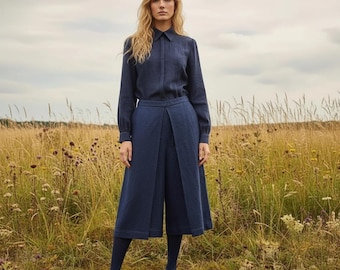Navy Blue Linen Shirt for Women, Handmade Tailored Blouse, Button Down Linen Top, Minimalist Office Shirt, Sustainable Fashion