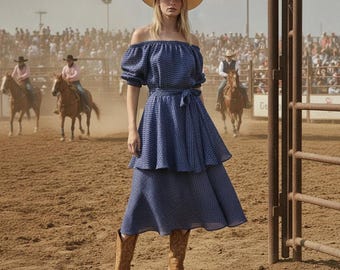 Blue Linen Prairie Dress, Off Shoulder Maxi, Western Cowgirl Outfit, Country Wedding Guest, Boho Linen Clothing