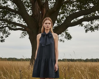 Navy Blue Linen Dress, Sleeveless Bow Neck Mini, A-Line Summer Wear, Women's Linen Clothing, Scandinavian Fashion, Gift for Her