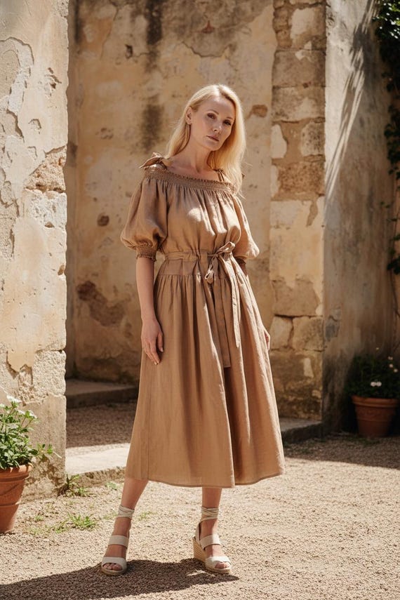 Puff Sleeve Linen Midi Dress, Off Shoulder Caramel Gown