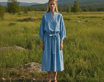 Sky Blue Linen Midi Shirt Dress for Women, Drawstring Waist Dress, Relaxed Fit Linen Dress, Coastal Style Summer Dress
