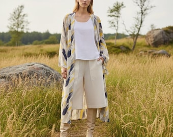 Linen Kimono Tunic, Yellow & Blue Pattern, Boho Summer Robe, Loose Fit Outfit, Oversized Duster, Linen Overcoat