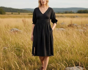 Svart linneklänning, puffärmar, v-ringad klänning, plus size-kläder