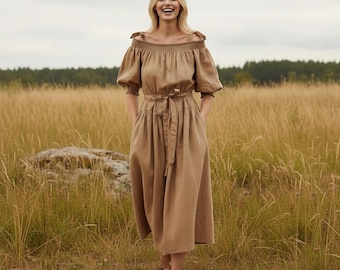 Puff Sleeve Linen Midi Dress, Off Shoulder Caramel Gown