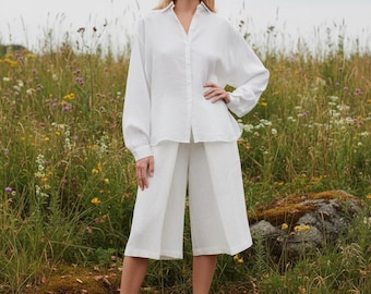 White Linen Bermuda Shorts, Coastal Style, Wide Leg
