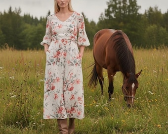 Floral Linen Midi Dress, Puff Sleeves, Vintage Style, Summer Dress , Natural Fabric Gown, Vocation Outfit, Spring Party Dress