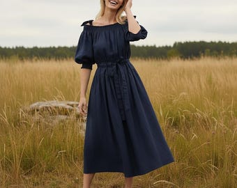 Marinblå linneklänning, elegant off shoulder midiklänning, 100 % linneklänning för kvinnor