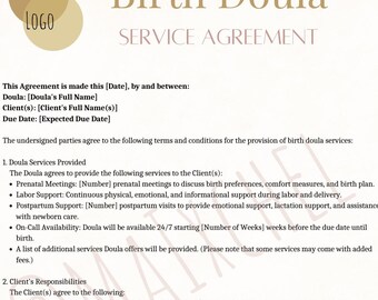 Birth Doula Agreement (Customizable in Canva)