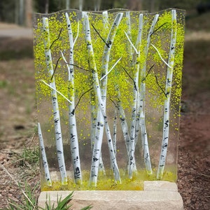 Aspen Fused Glass Dimensional Sculpture with Stone Base Spring