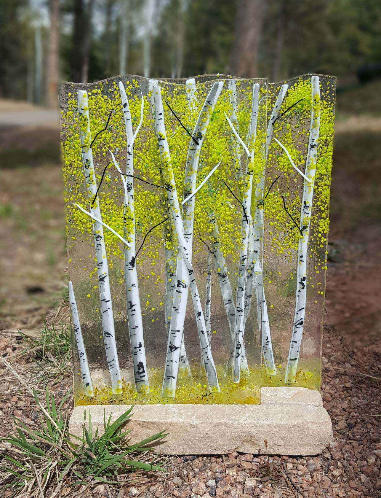 Aspen Fused Glass Dimensional Sculpture With Stone Base Spring