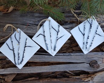 Winter Aspen Fused Glass Ornament Set of 3