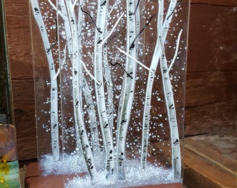 Aspen Fused Glass Dimensional Sculpture with Stone Base Winter