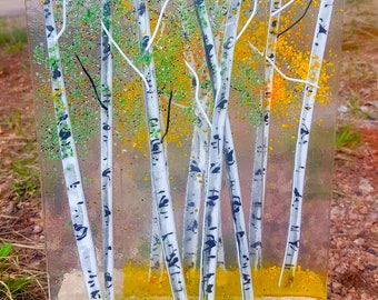 Aspen Fused Glass Dimensional Sculpture with Stone Base Spring/Fall
