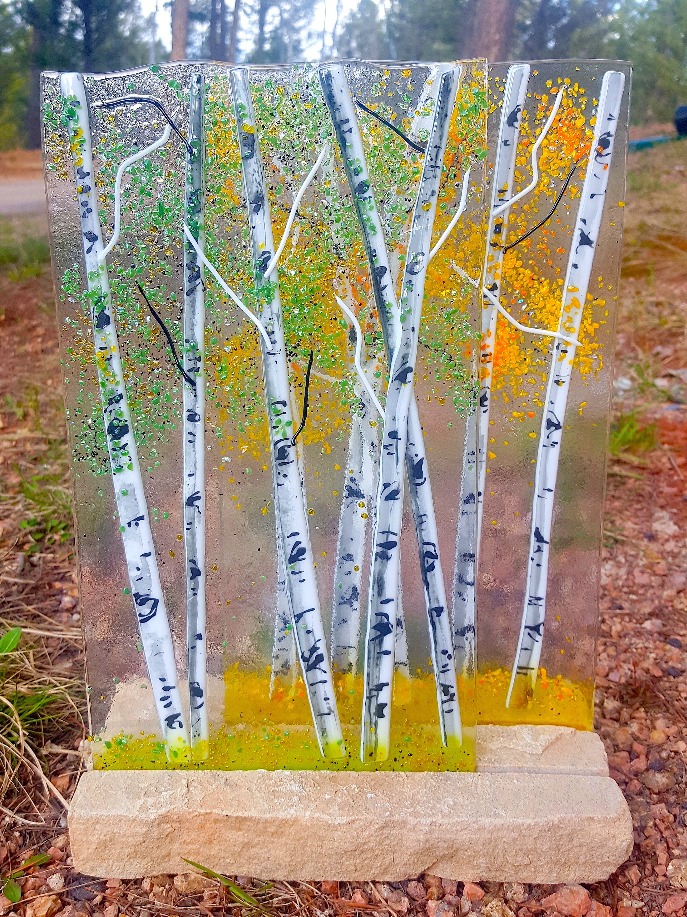 Aspen Fused Glass Dimensional Sculpture With Stone Base Spring/Fall