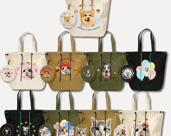 Custom Pet Portrait Nylon Tote Bag, Personalized Dog Photo Shoulder Bag, Custom Cat Mom Gift, Waterproof Pet Keepsake Bag