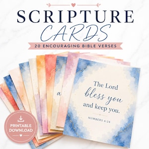 Puede incluir: Un conjunto de tarjetas de Escritura coloridas con fondos de acuarela. Las tarjetas presentan versículos bíblicos alentadores, con el texto "The Lord bless you and keep you" visible en una tarjeta. Las palabras "Scripture Cards" están en la parte superior.