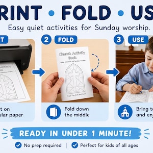 Pode incluir: Um gr&aacute;fico instrutivo de tr&ecirc;s etapas para um livro de atividades de igreja imprim&iacute;vel. As etapas s&atilde;o: 1. Imprimir o documento em papel. 2. Dobrar o papel ao meio. 3. Usar o livreto para atividades. O texto diz: PRINT FOLD USE, Easy quiet activities for Sunday worship, e READY IN UNDER 1 MINUTE!