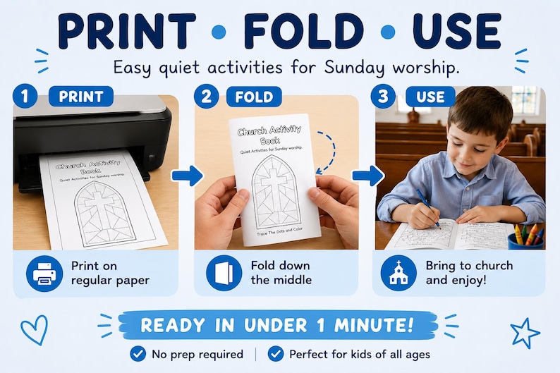 Pode incluir: Um gr&aacute;fico instrutivo de tr&ecirc;s etapas para um livro de atividades de igreja imprim&iacute;vel. As etapas s&atilde;o: 1. Imprimir o documento em papel. 2. Dobrar o papel ao meio. 3. Usar o livreto para atividades. O texto diz: PRINT FOLD USE, Easy quiet activities for Sunday worship, e READY IN UNDER 1 MINUTE!