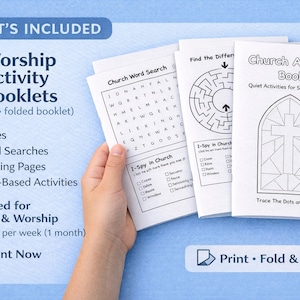 Pode incluir: Quatro livretos de atividades para a igreja em papel branco com arte em linhas pretas, incluindo um ca&ccedil;a-palavras, um labirinto e uma capa com uma ilustra&ccedil;&atilde;o de cruz e o texto Church Activity Book, Quiet Activities for Sunday worship.