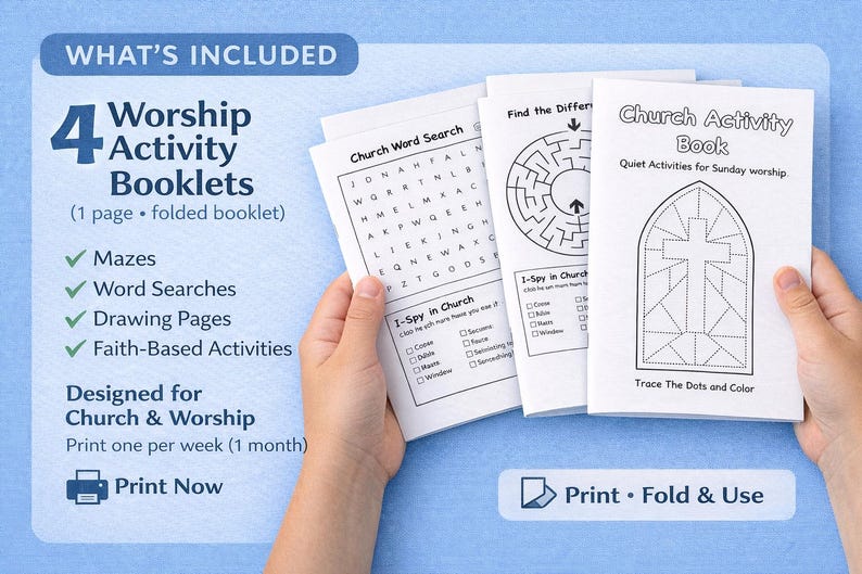 Pode incluir: Quatro livretos de atividades para a igreja em papel branco com arte em linhas pretas, incluindo um ca&ccedil;a-palavras, um labirinto e uma capa com uma ilustra&ccedil;&atilde;o de cruz e o texto Church Activity Book, Quiet Activities for Sunday worship.