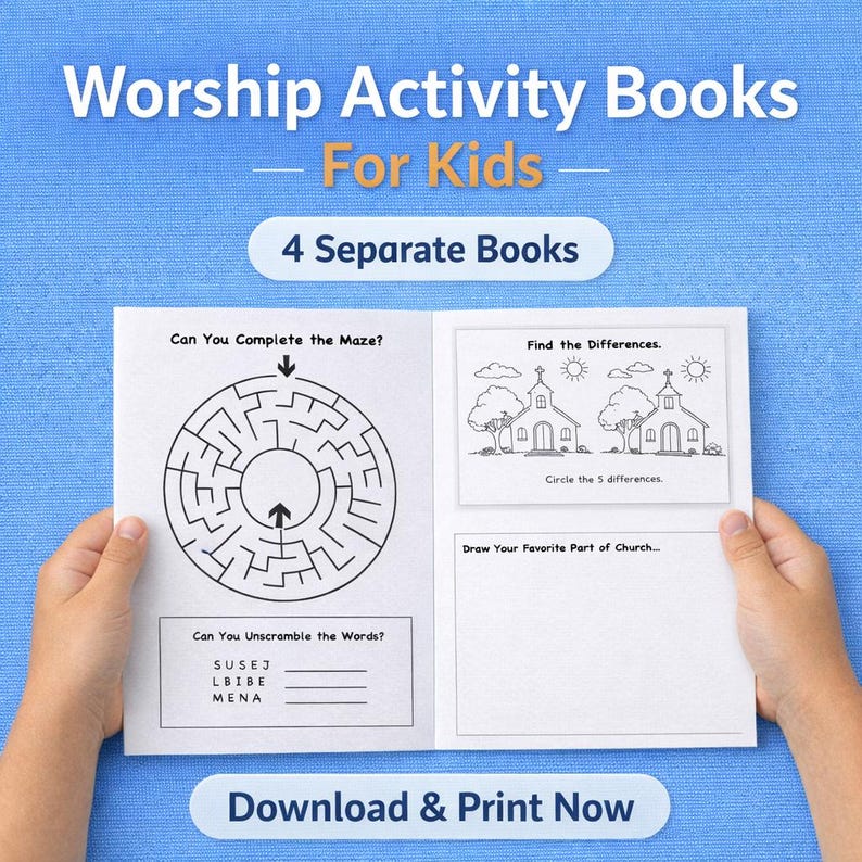 Pode incluir: Um conjunto de quatro livros de atividades de culto para crian&ccedil;as com p&aacute;ginas imprim&iacute;veis que incluem um labirinto circular, um jogo de desembara&ccedil;ar palavras, um exerc&iacute;cio de encontrar diferen&ccedil;as com igrejas e um espa&ccedil;o para desenhar.