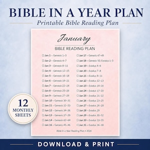 Op de afbeelding: Een printbaar Bijbelleesplan voor een jaar met een zachtroze achtergrond. De tekst luidt BIBLE IN A YEAR PLAN, January, en bevat dagelijkse leesopdrachten van Genesis tot Exodus. Een cirkelvormig label geeft 12 MONTHLY SHEETS aan.